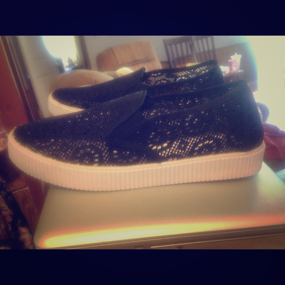 Black lace slip ons